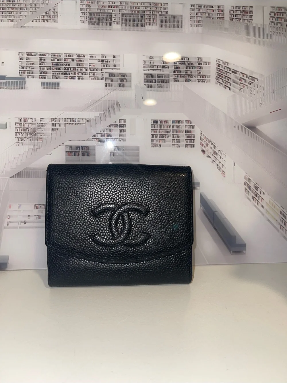 Authentic Vintage Chanel Black Caviar Leather CC Logo Compact Wallet Flap Wallet